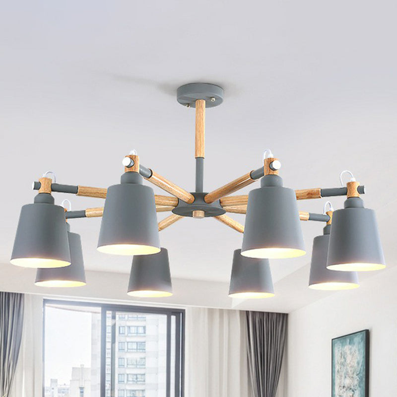 Simplistic Wooden Radial Chandelier Pendant Light - 6 Heads Tapered Metallic Shade For Dining Room