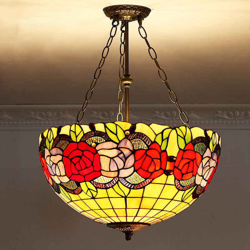 Tiffany-Style Pendant Light with Stained Art Glass Bowl Shade for Ceiling Suspension