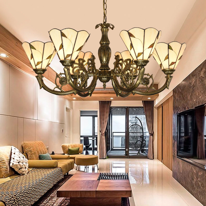 Hand Cut Glass Beige Chandelier with Scalloped Edge - Classic Pendant Light Fixture