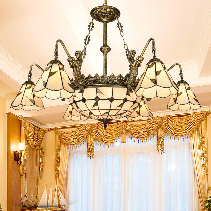 Hand Cut Glass Beige Chandelier with Scalloped Edge - Classic Pendant Light Fixture