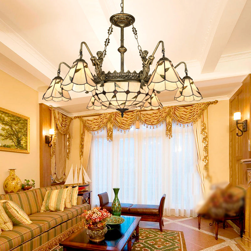 Hand Cut Glass Beige Chandelier with Scalloped Edge - Classic Pendant Light Fixture