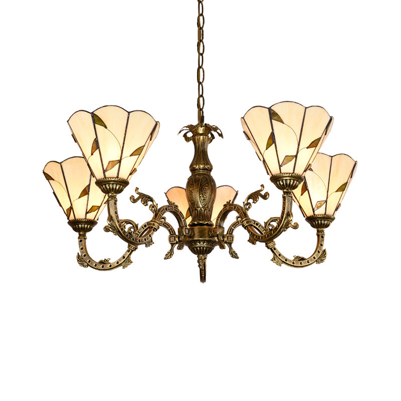 Hand Cut Glass Beige Chandelier with Scalloped Edge - Classic Pendant Light Fixture