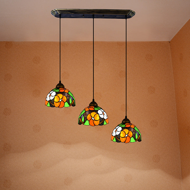 Vintage Dome Shade Stained Art Glass Multi-Light Pendant with 3 Orange Bulbs - Stylish Hanging Lighting
