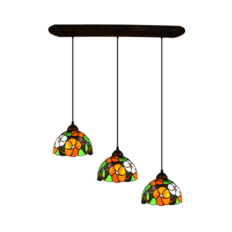 Dome Shade Stained Glass Pendant - Vintage Style With 3 Bulbs Orange Hanging Lighting
