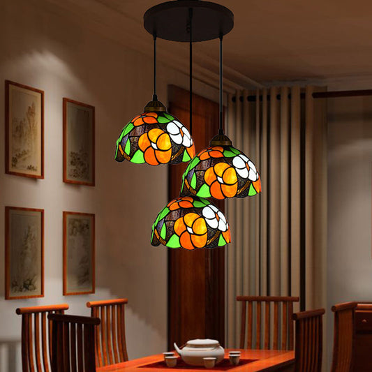 Vintage Dome Shade Stained Art Glass Multi-Light Pendant with 3 Orange Bulbs - Stylish Hanging Lighting