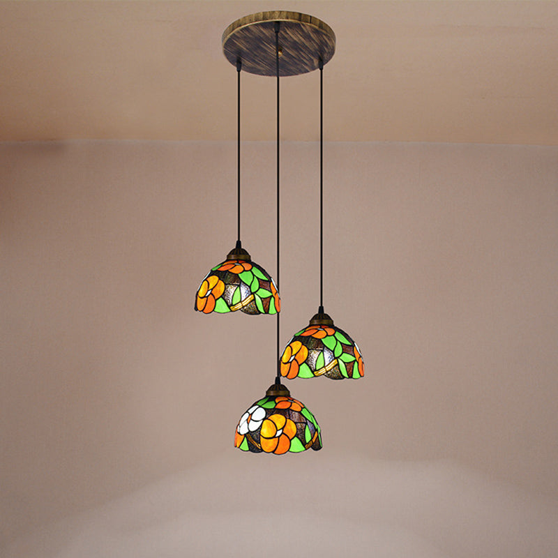 Dome Shade Stained Glass Pendant - Vintage Style With 3 Bulbs Orange Hanging Lighting