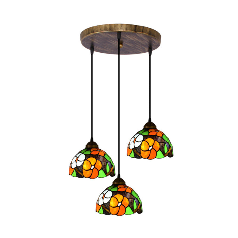 Vintage Dome Shade Stained Art Glass Multi-Light Pendant with 3 Orange Bulbs - Stylish Hanging Lighting