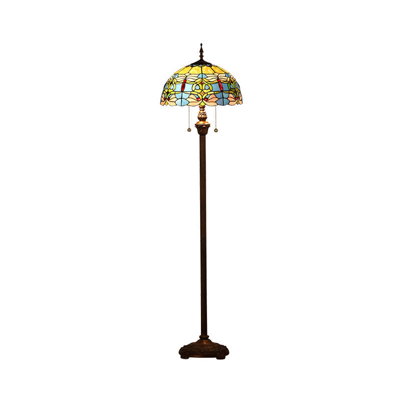 Blue Baroque Dome Stained Glass Standing Light With Pull Chain - Set Of 2 Bulbs For Floor Lighting