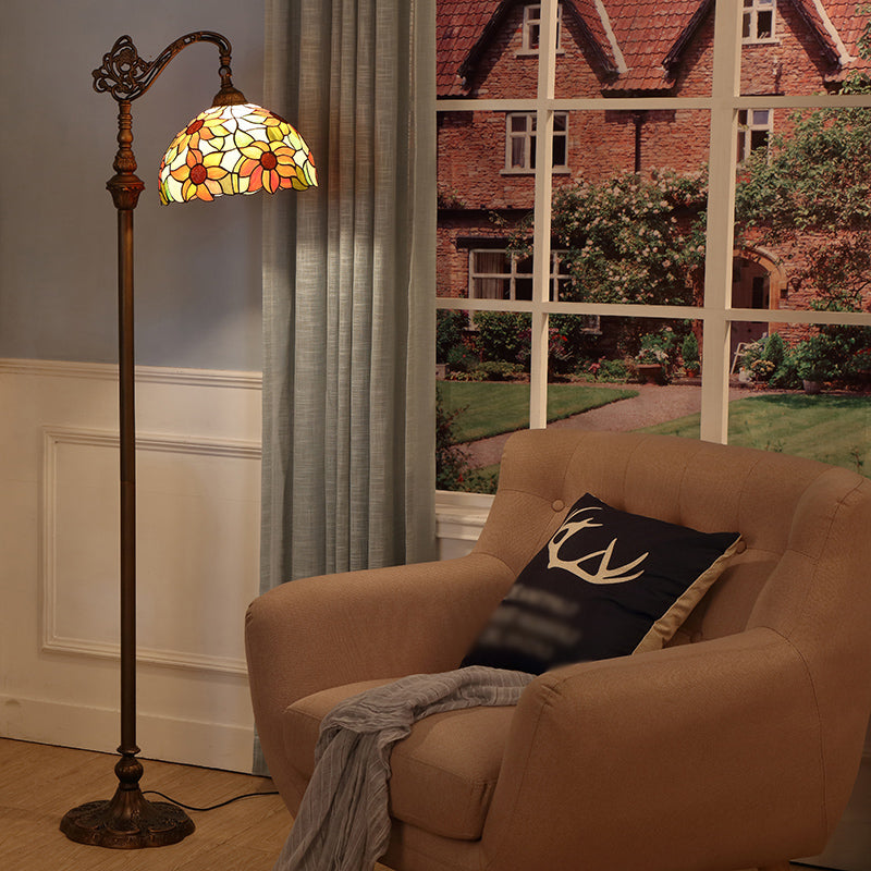 Classic Floral Stained Glass Reading Floor Light - Single-Bulb Standing Fixture In Orange