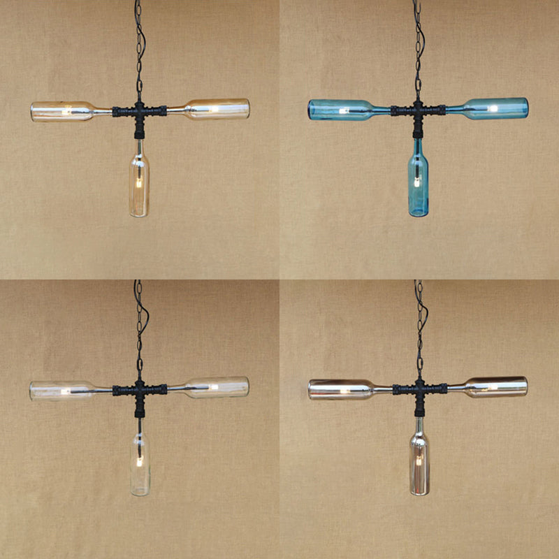 Vintage Style Chandelier Lamp with 3 Glass Shades in Smoke Grey/Blue for Bar Lighting