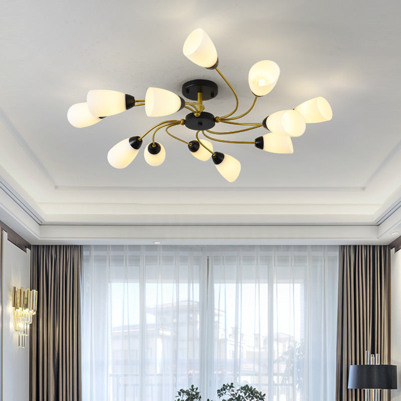 Plafonnier semi-encastré moderne noir/doré à motif floral bouclé - 9/12 lumières, verre blanc laiteux - Luminaire de salon