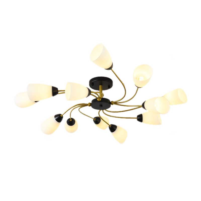 Plafonnier semi-encastré moderne noir/doré à motif floral bouclé - 9/12 lumières, verre blanc laiteux - Luminaire de salon