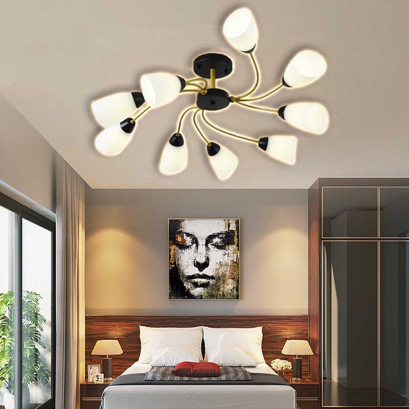 Plafonnier semi-encastré moderne noir/doré à motif floral bouclé - 9/12 lumières, verre blanc laiteux - Luminaire de salon