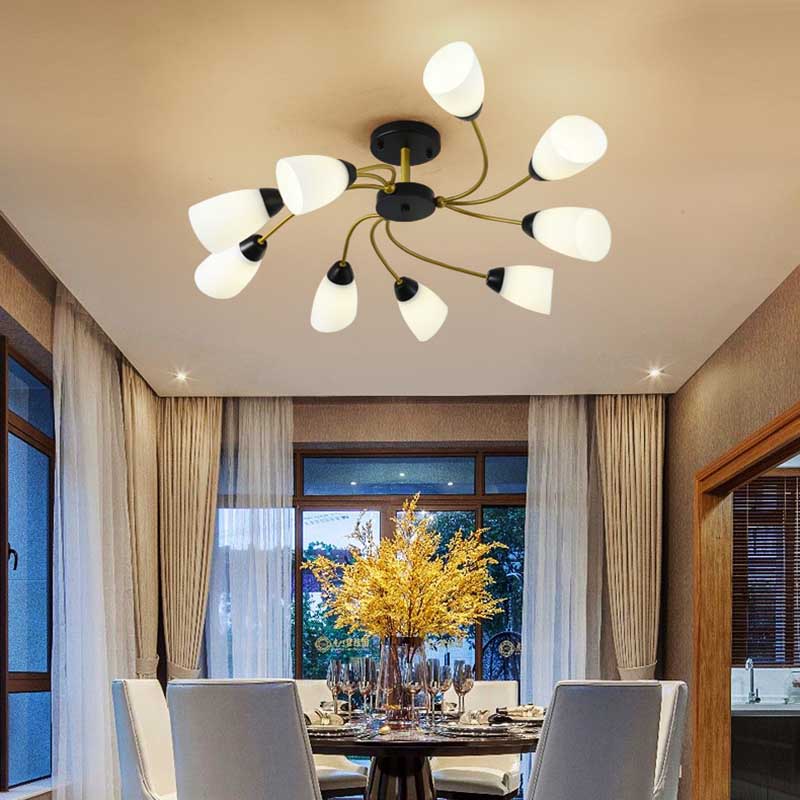 Plafonnier semi-encastré moderne noir/doré à motif floral bouclé - 9/12 lumières, verre blanc laiteux - Luminaire de salon
