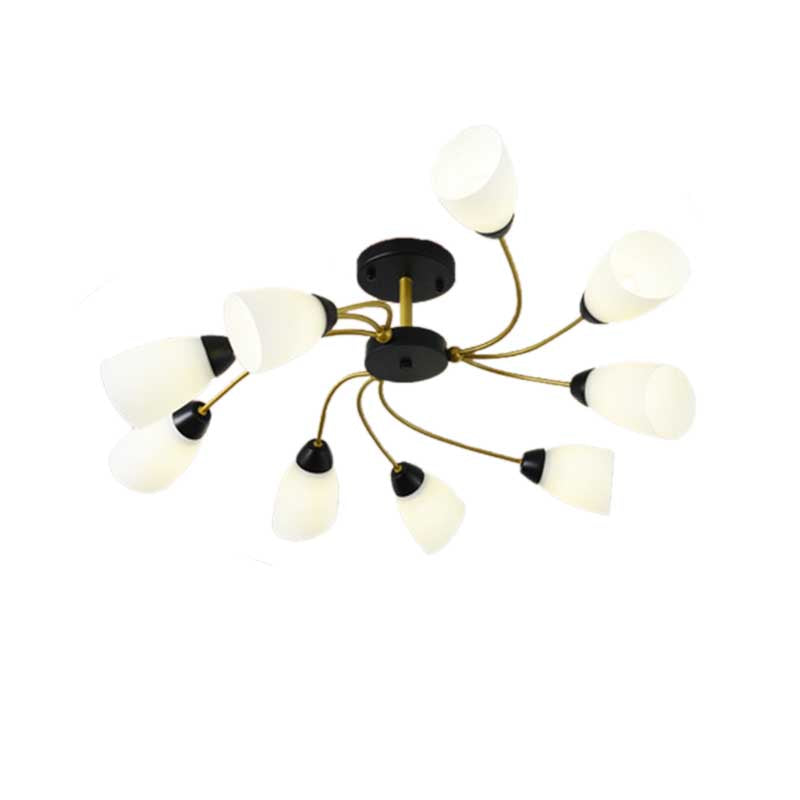 Plafonnier semi-encastré moderne noir/doré à motif floral bouclé - 9/12 lumières, verre blanc laiteux - Luminaire de salon