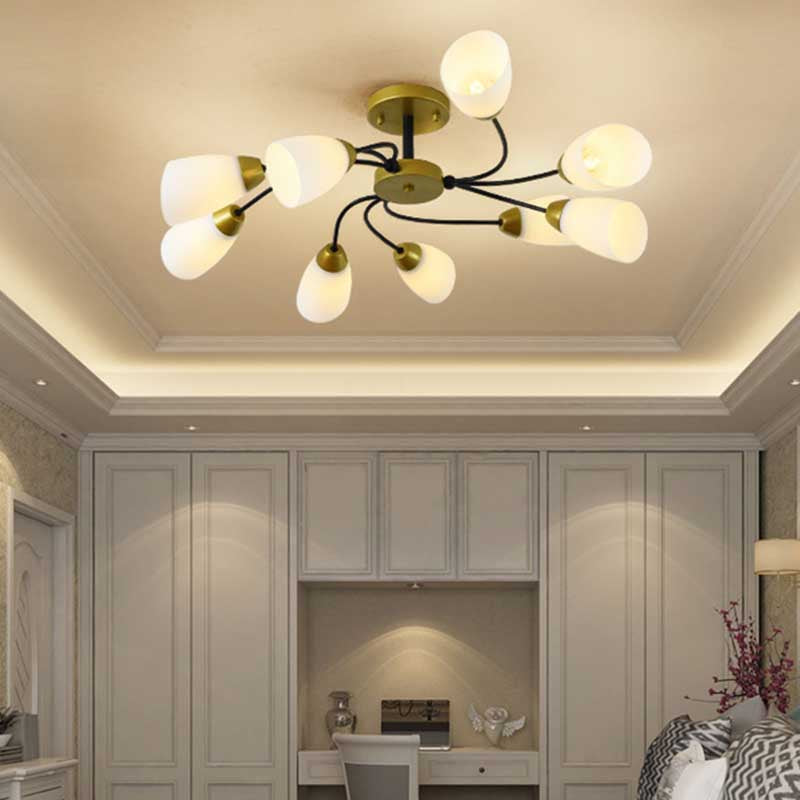 Plafonnier semi-encastré moderne noir/doré à motif floral bouclé - 9/12 lumières, verre blanc laiteux - Luminaire de salon