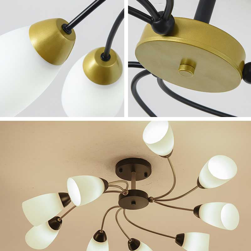 Plafonnier semi-encastré moderne noir/doré à motif floral bouclé - 9/12 lumières, verre blanc laiteux - Luminaire de salon