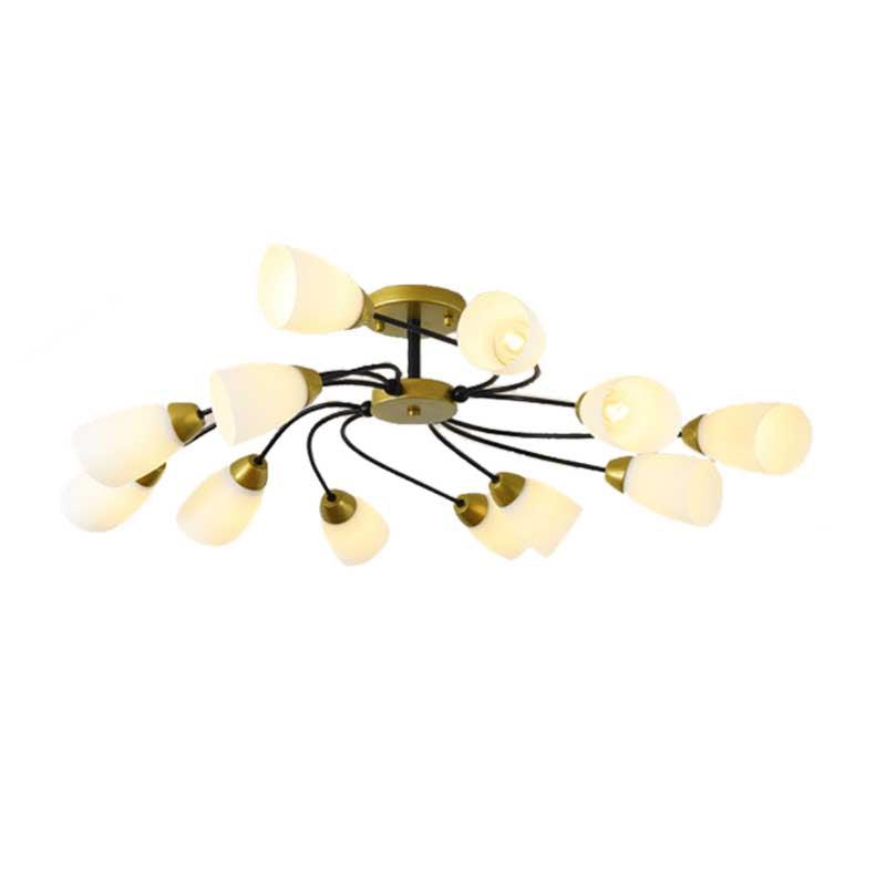 Plafonnier semi-encastré moderne noir/doré à motif floral bouclé - 9/12 lumières, verre blanc laiteux - Luminaire de salon