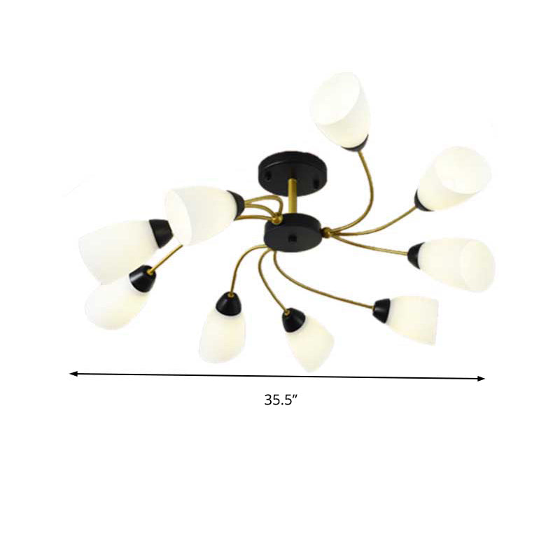 Plafonnier semi-encastré moderne noir/doré à motif floral bouclé - 9/12 lumières, verre blanc laiteux - Luminaire de salon