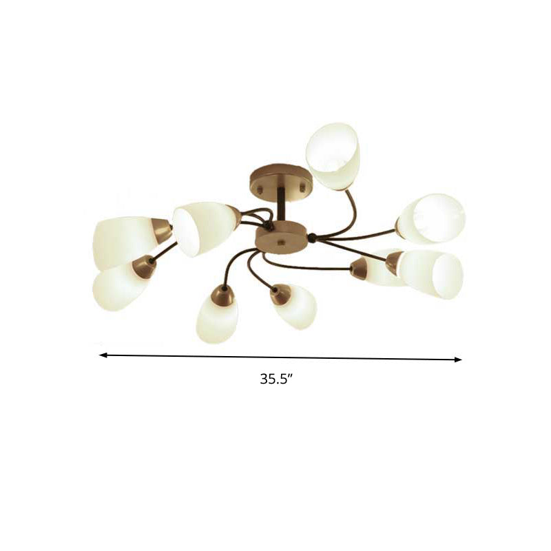 Plafonnier semi-encastré moderne noir/doré à motif floral bouclé - 9/12 lumières, verre blanc laiteux - Luminaire de salon