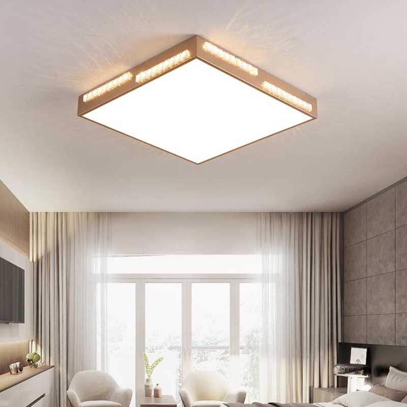 Golden Metal LED Flushmount Ceiling Lamp with Crystal Accents - Simple Square/Rectangular Design, 18"/21.5"/35.5" Wide for Bedroom