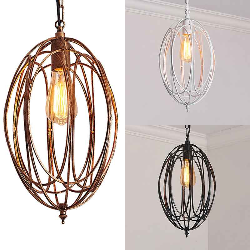 Retro Oval Pendant Light - 1 Head Metallic Ceiling Lamp In Black/White For Living Room