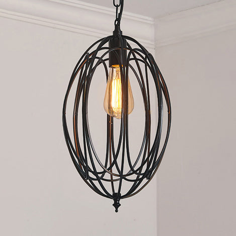 Retro Oval Pendant Light with Metallic Cage Shade - Black/White - Living Room Ceiling Lamp