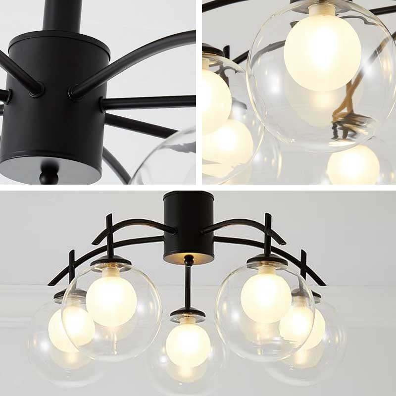 Plafonnier semi-encastré contemporain en forme de boule de verre noire - Lustre de salon à 3/5/6 lumières