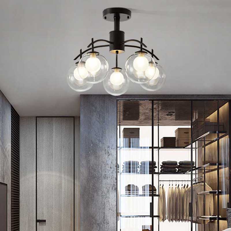 Plafonnier semi-encastré contemporain en forme de boule de verre noire - Lustre de salon à 3/5/6 lumières