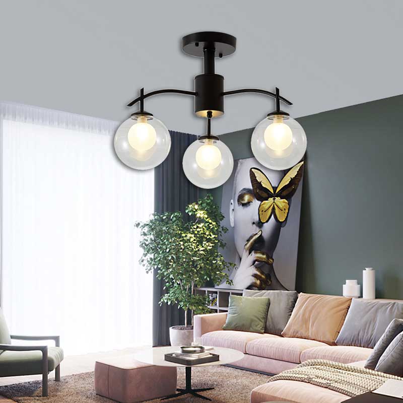 Plafonnier semi-encastré contemporain en forme de boule de verre noire - Lustre de salon à 3/5/6 lumières