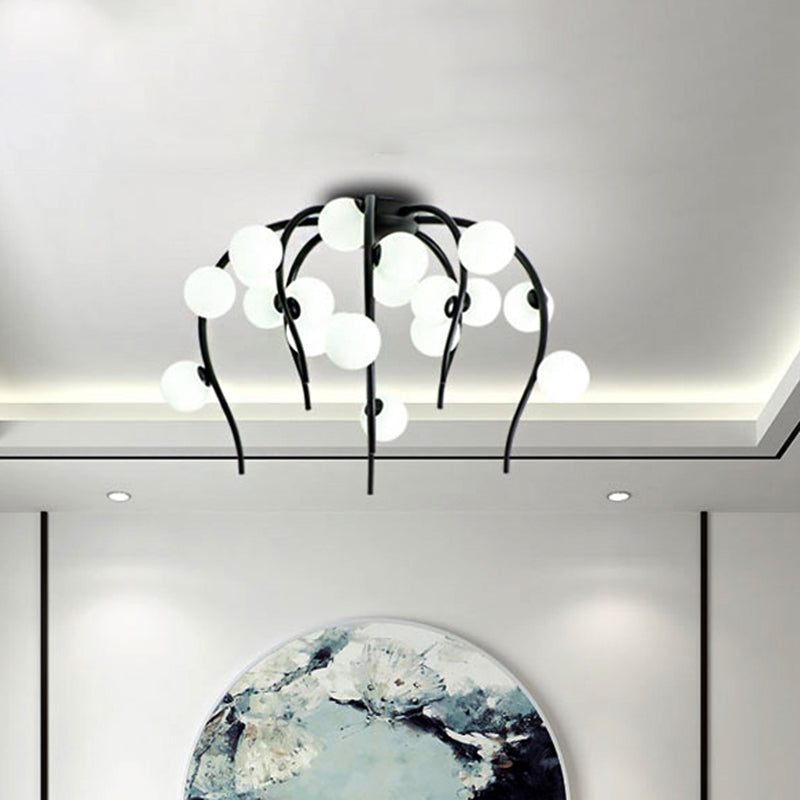 Modern Black/Gold Iron Branch Chandelier with Matte White Balls - 15/20-Light Dining Room Hanging Lamp