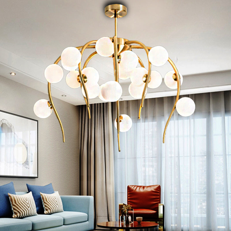 Modern Black/Gold Iron Branch Chandelier with Matte White Balls - 15/20-Light Dining Room Hanging Lamp