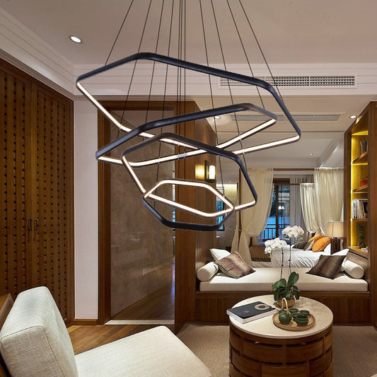 Simplistic Acrylic Tiered Hexagonal LED 1/2/3-Light Pendant Chandelier Hanging Lamp in Black/Silver/White