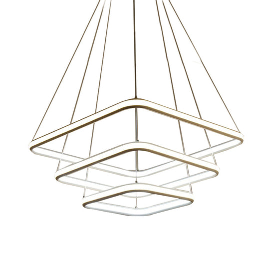 Sleek White Acrylic Hanging Chandelier With Layered Square Design Led Ceiling Pendant In White/Warm