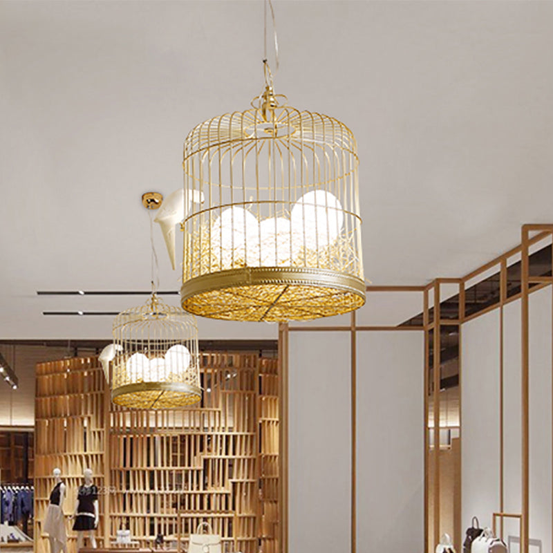 Rustic Matte White Glass Chandelier: Elegant Egg Shaped Hanging Light Fixture with Birdcage Design - 3 Lights