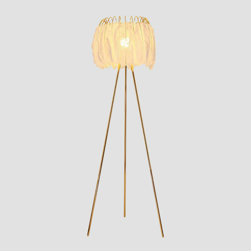 Nordic Style Tripod Floor Lamp With Feather Shade Metal Stand White