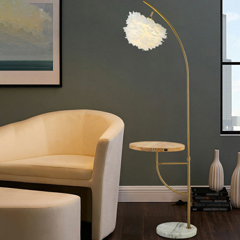 Modern Gold Feather Hemisphere Shade Floor Lamp With Wooden Tray - 1 Bulb Standing Light