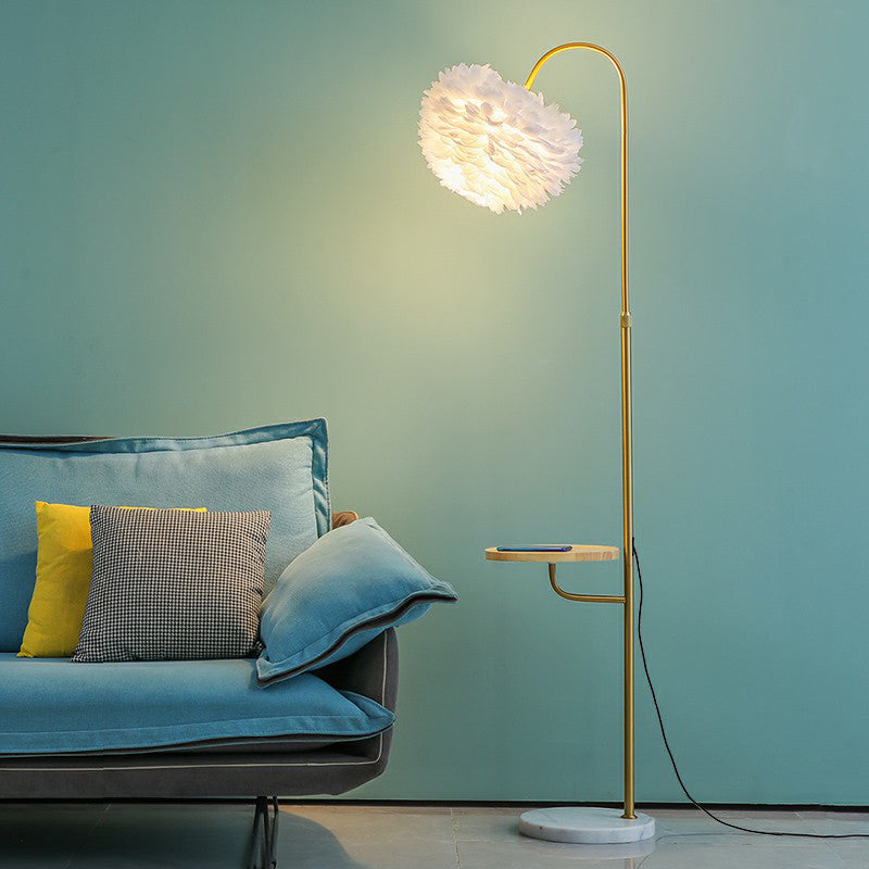 Feathered Minimalist Living Room Floor Lamp With Tray - Single-Bulb Standing Lighting