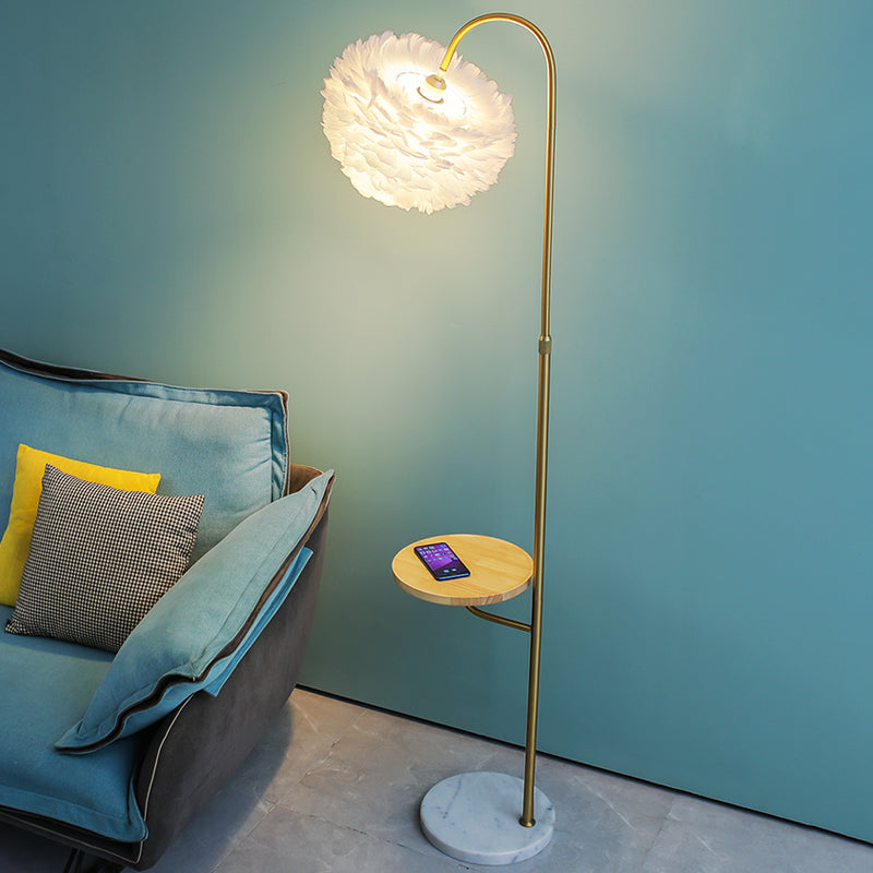 Feathered Minimalist Living Room Floor Lamp With Tray - Single-Bulb Standing Lighting