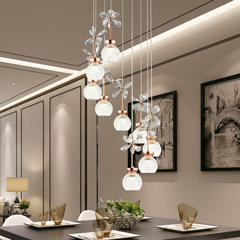 Rose Gold Floral Staircase Multi-Light Pendant with LED Dome Shade