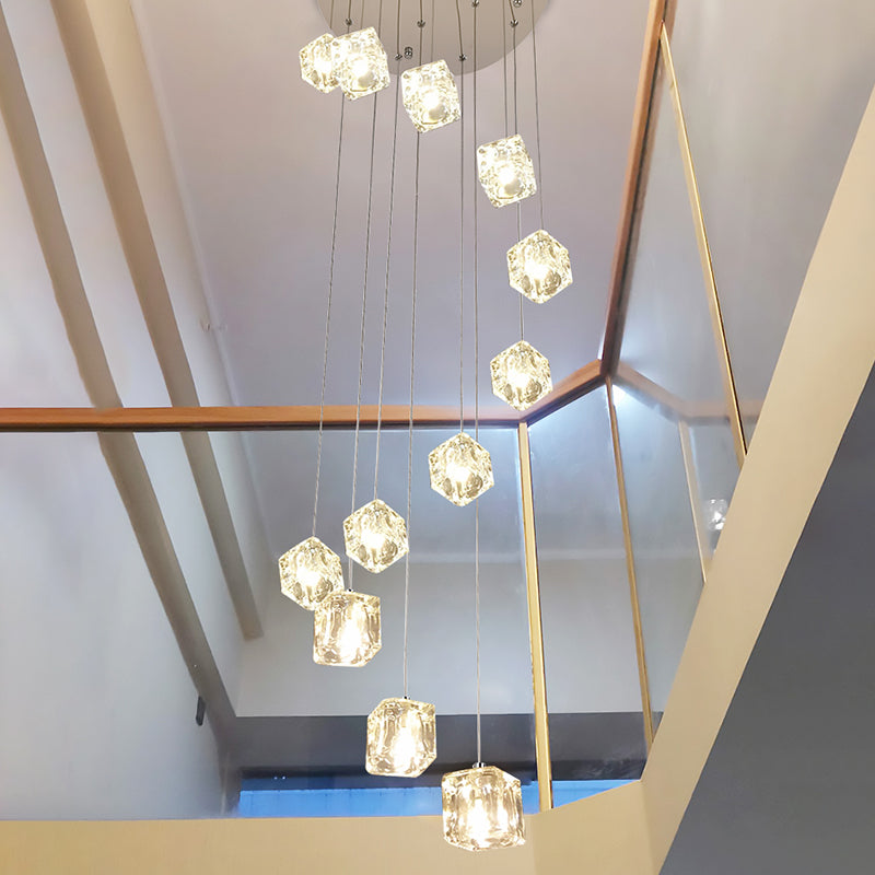 Simplicity Clear Glass Multi-Light Pendant - 12 Heads Spiral Square Design Chrome Finish- Ideal For