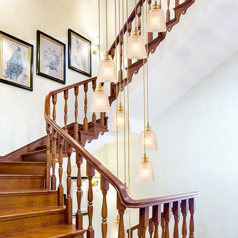 Gold Lattice Glass Staircase Pendant - Bell Shade, 10-Head Simplicity Multi Light
