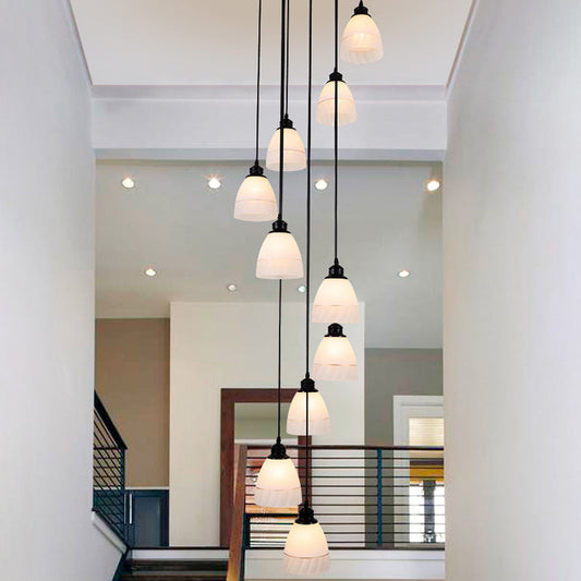 Contemporary White Glass Bell Suspension Light - 10-Head Staircase Multi Light Pendant in Black