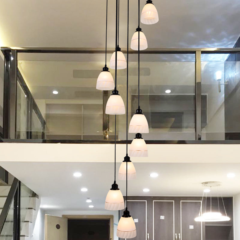Contemporary White Glass Bell Suspension Light - 10-Head Staircase Multi Light Pendant in Black