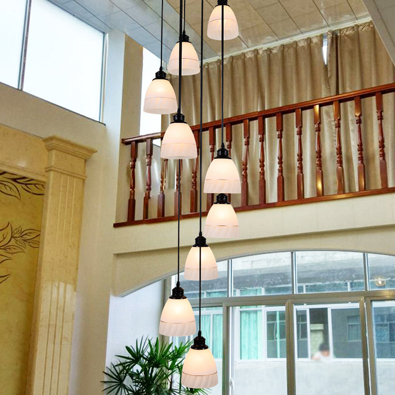 Contemporary White Glass Bell Suspension Light - 10-Head Staircase Multi Light Pendant in Black