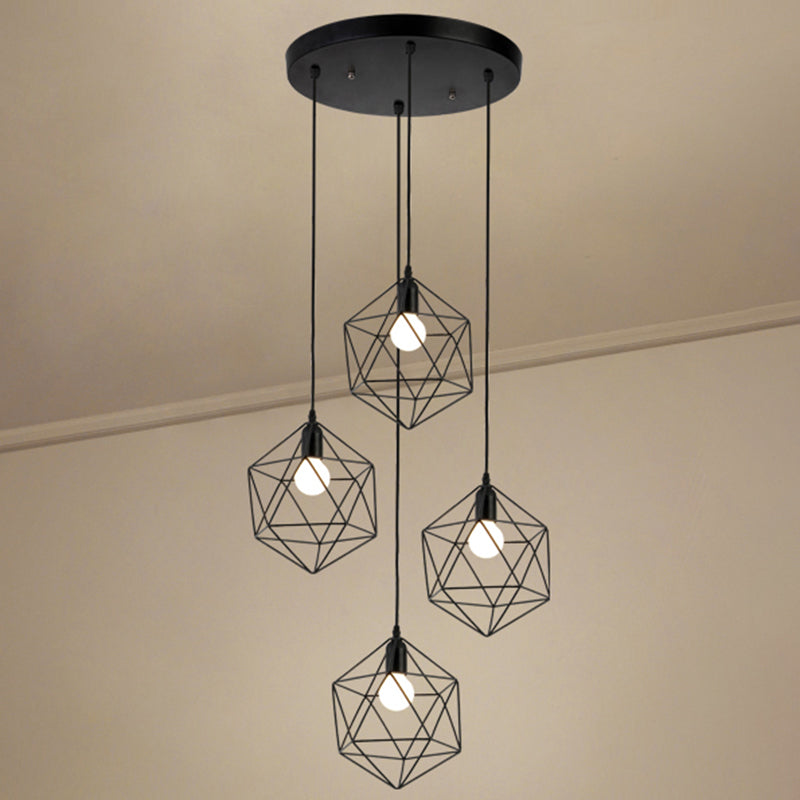 Geometric Cage Staircase Multi Ceiling Light - Metallic Suspension Fixture
