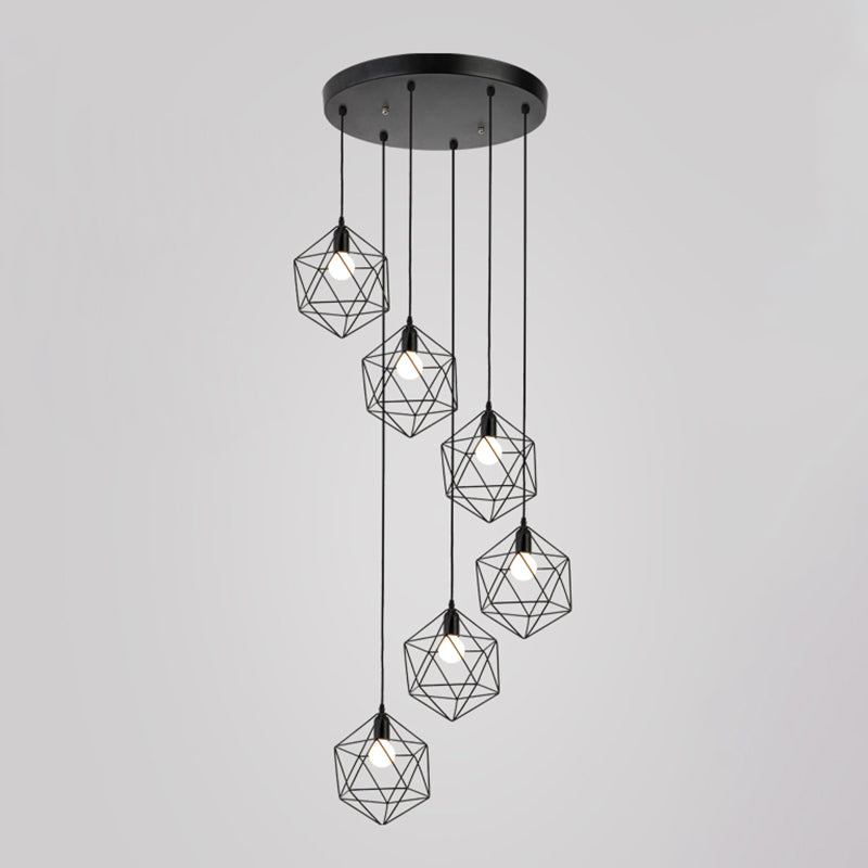 Geometric Cage Staircase Multi Ceiling Light - Metallic Suspension Fixture
