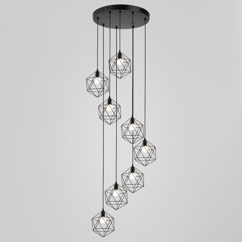 Geometric Cage Staircase Multi Ceiling Light - Metallic Suspension Fixture