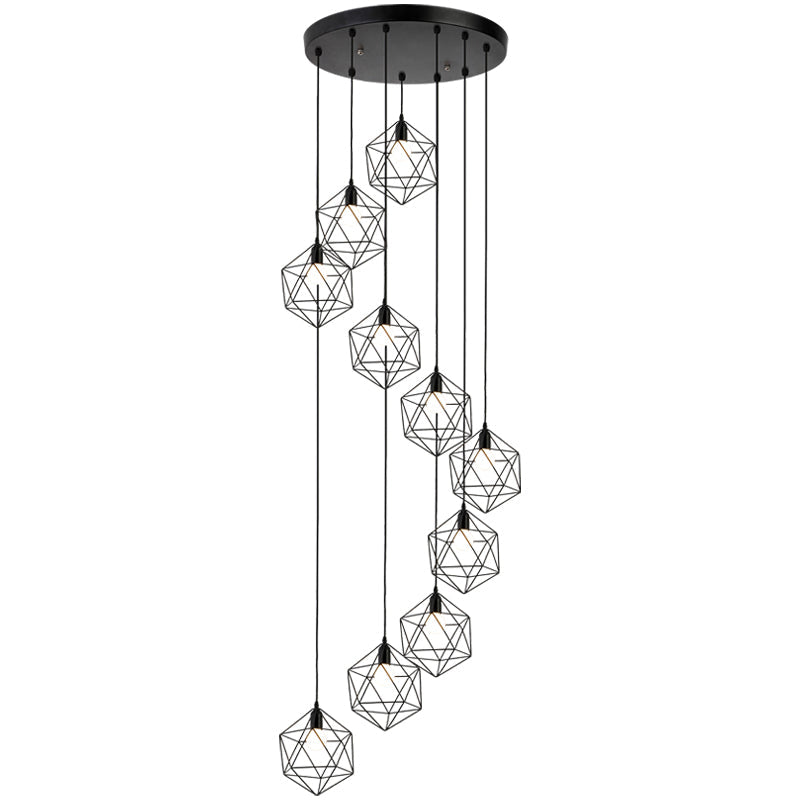 Geometric Cage Staircase Multi Ceiling Light - Metallic Suspension Fixture