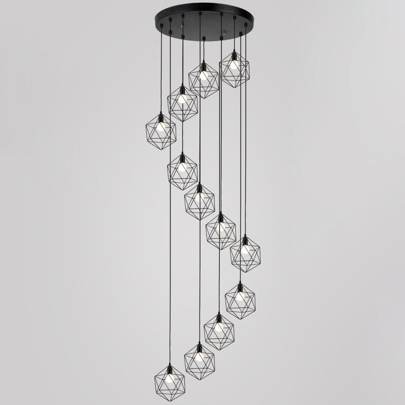 Geometric Cage Staircase Multi Ceiling Light - Metallic Suspension Fixture